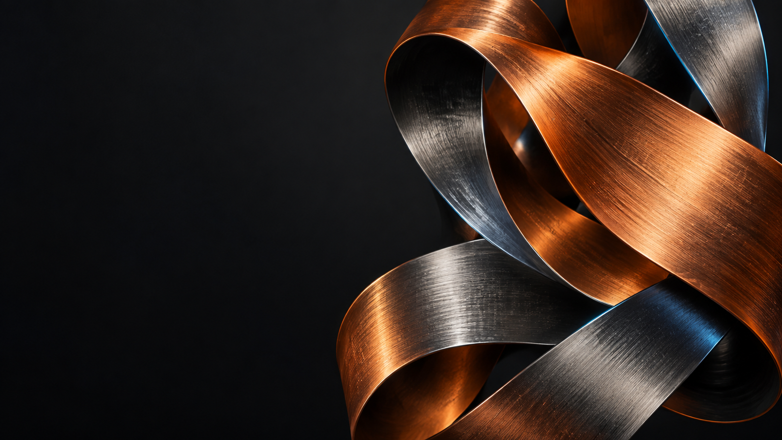 Sculptural folds of brushed copper and silver with blue edge lighting