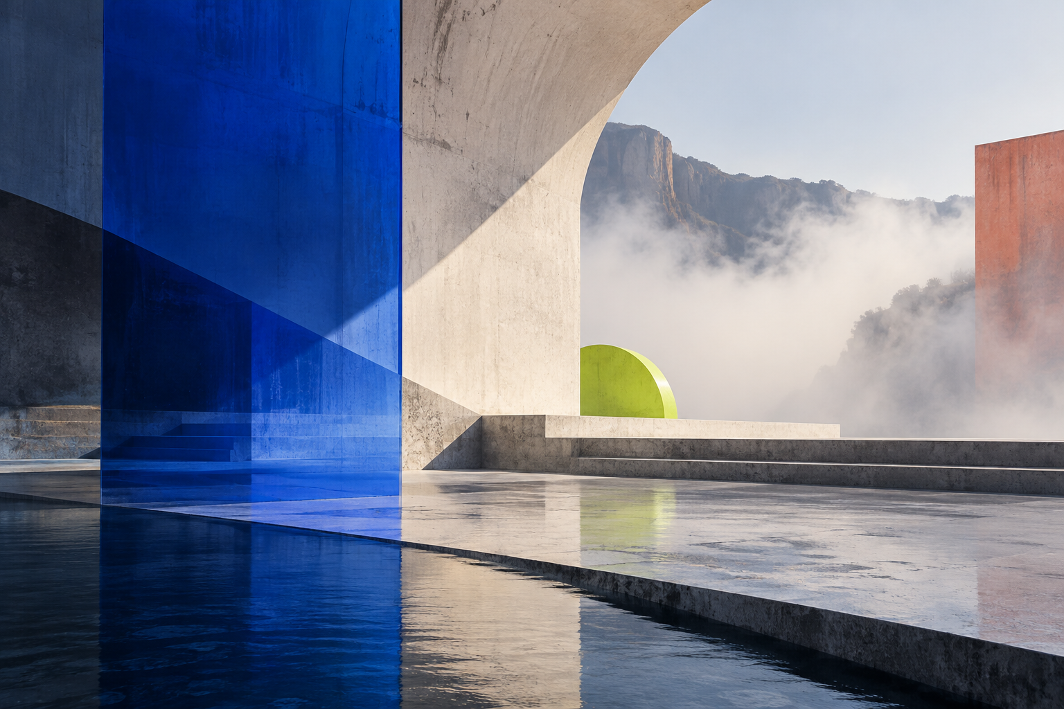 Abstract architecture with a cobalt glass plane and lime geometric accent