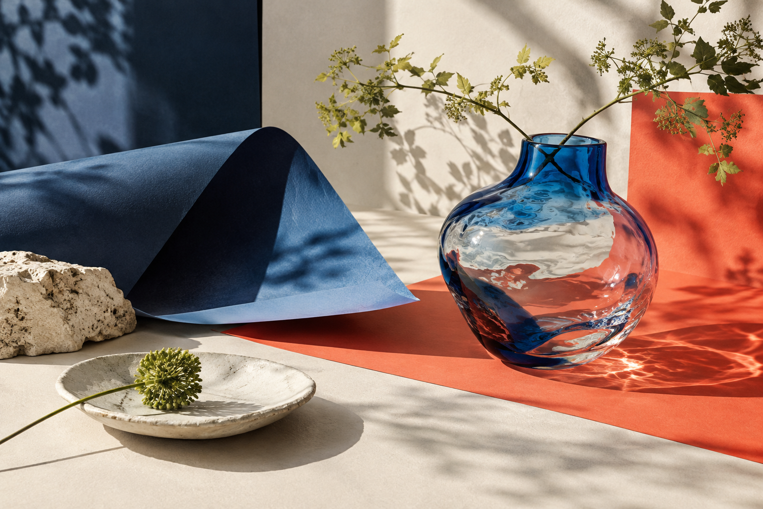 Editorial still life with folded paper, glass, and coral