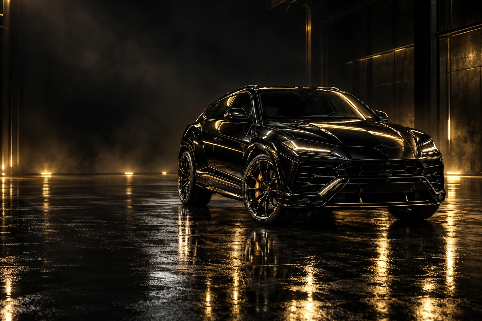 Glossy black luxury SUV illuminated by warm gold light